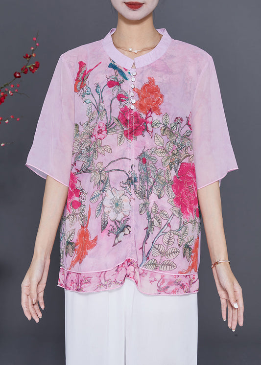 Pink Patchwork Chiffon Shirt Oversized Print Summer LY7696
