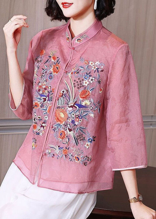 Pink Patchwork Chiffon Shirts Embroideried Stand Collar Button Summer TP1057 - fabuloryshop