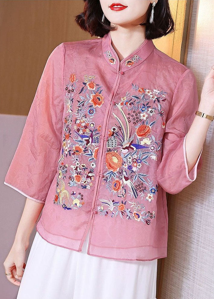Pink Patchwork Chiffon Shirts Embroideried Stand Collar Button Summer TP1057