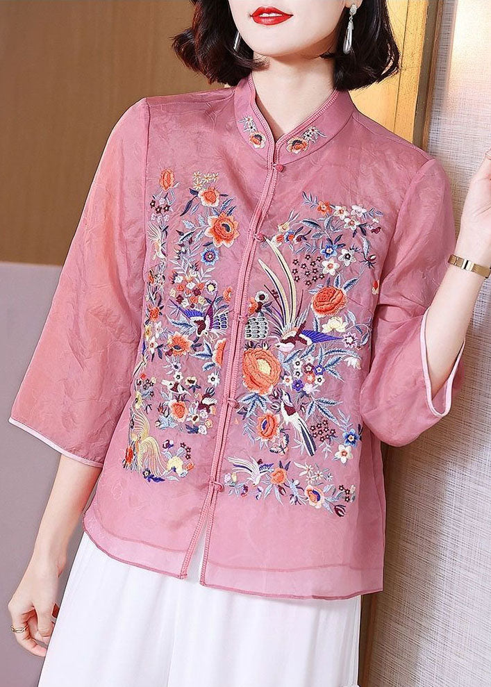 Pink Patchwork Chiffon Shirts Embroideried Stand Collar Button Summer TP1057 - fabuloryshop