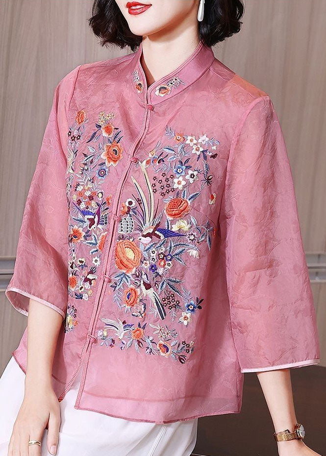 Pink Patchwork Chiffon Shirts Embroideried Stand Collar Button Summer TP1057 - fabuloryshop