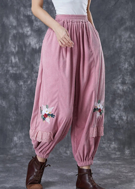 Pink Patchwork Corduroy Harem Pants Embroidered Fall Ada Fashion