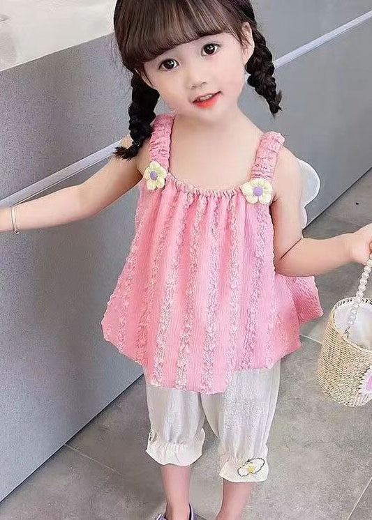 Pink Patchwork Cotton Baby Girls Two Pieces Set Bow Wrinkled Summer LY5502 - fabuloryshop