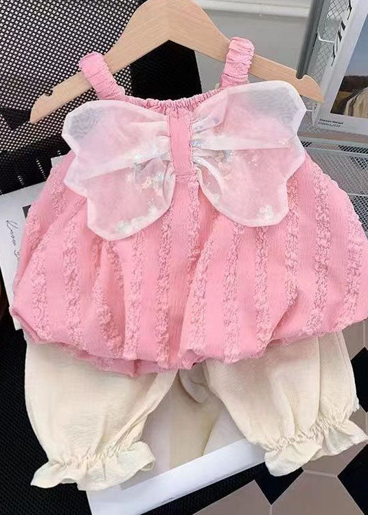 Pink Patchwork Cotton Baby Girls Two Pieces Set Bow Wrinkled Summer LY5502 - fabuloryshop
