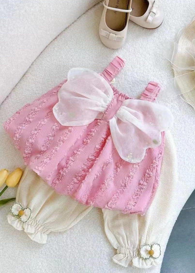 Pink Patchwork Cotton Baby Girls Two Pieces Set Bow Wrinkled Summer LY5502 - fabuloryshop