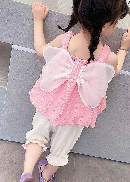 Pink Patchwork Cotton Baby Girls Two Pieces Set Bow Wrinkled Summer LY5502 - fabuloryshop