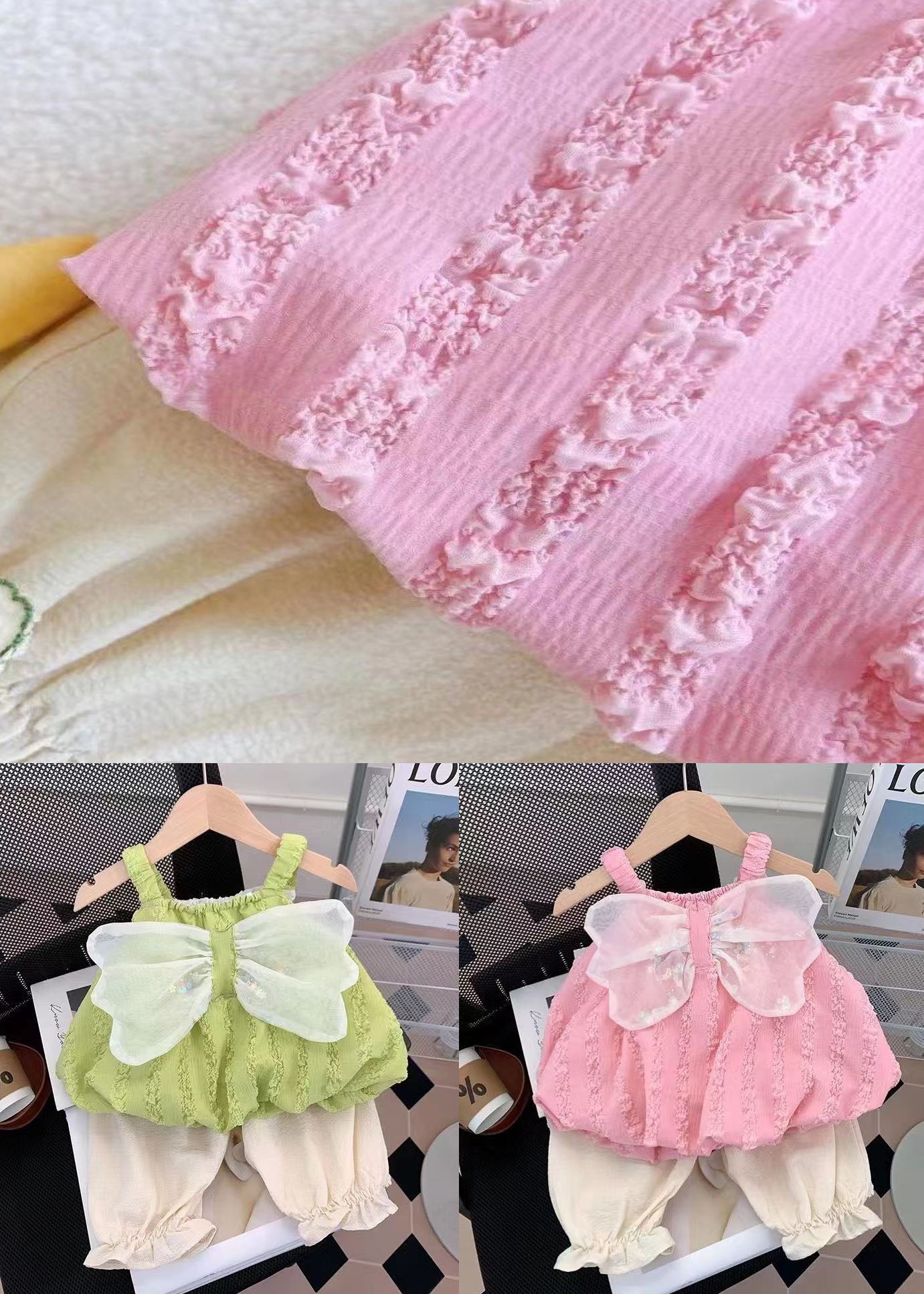 Pink Patchwork Cotton Baby Girls Two Pieces Set Bow Wrinkled Summer LY5502 - fabuloryshop