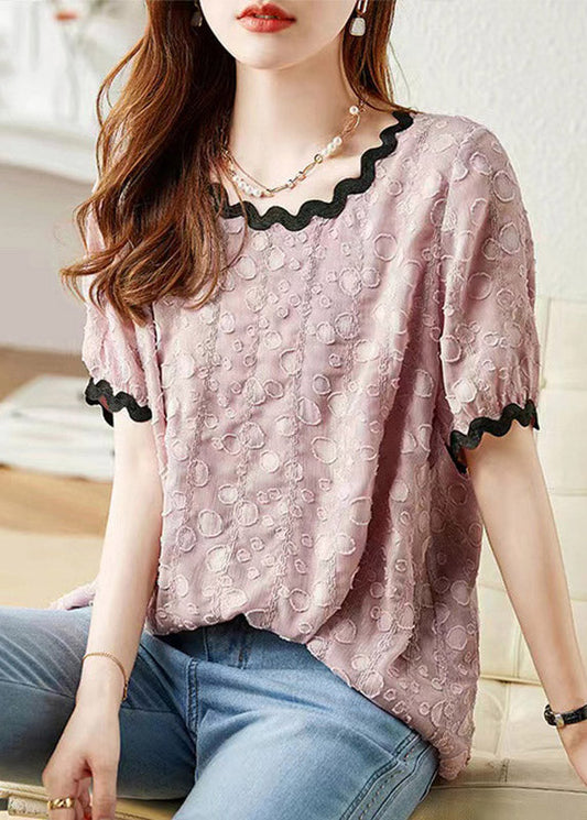 Pink Patchwork Cozy Chiffon T Shirts Puff Sleeve LY1524 - fabuloryshop