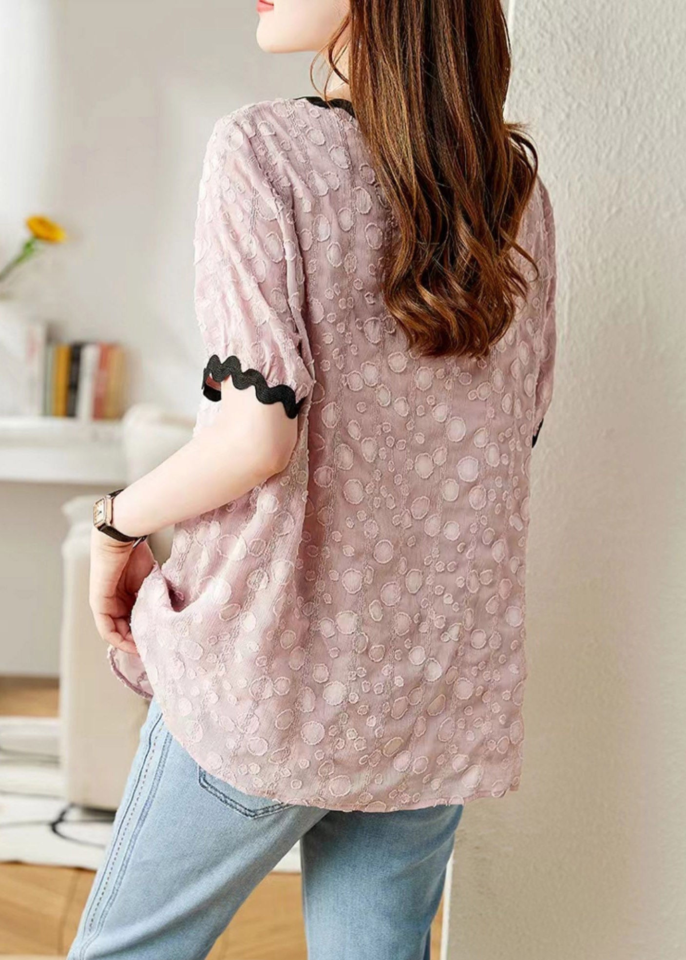 Pink Patchwork Cozy Chiffon T Shirts Puff Sleeve LY1524 - fabuloryshop