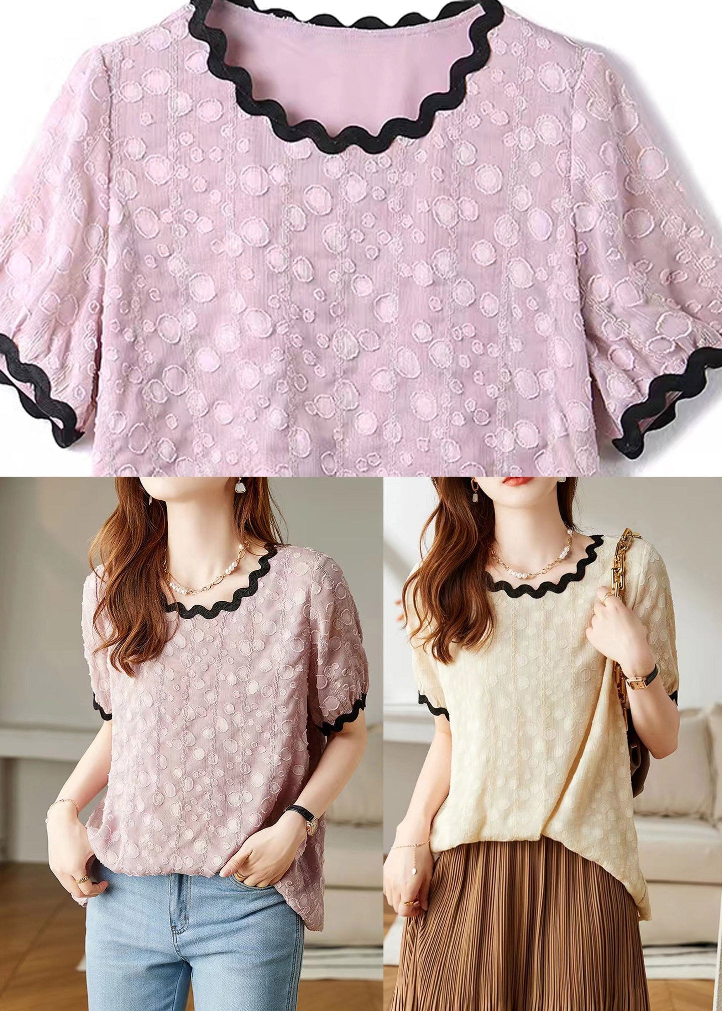 Pink Patchwork Cozy Chiffon T Shirts Puff Sleeve LY1524 - fabuloryshop