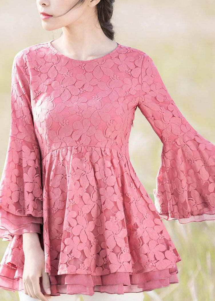 Pink Patchwork Embroideried Lace Shirts O Neck Spring LY2250 - fabuloryshop