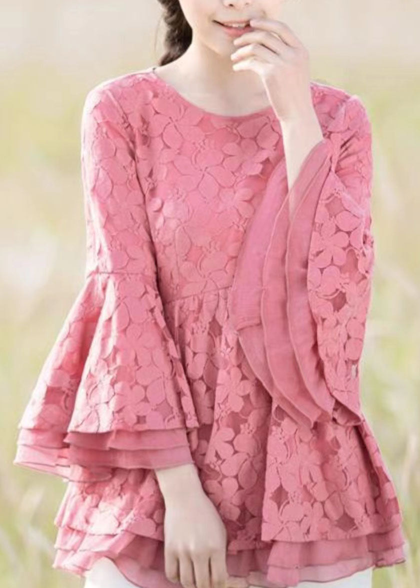 Pink Patchwork Embroideried Lace Shirts O Neck Spring LY2250 - fabuloryshop