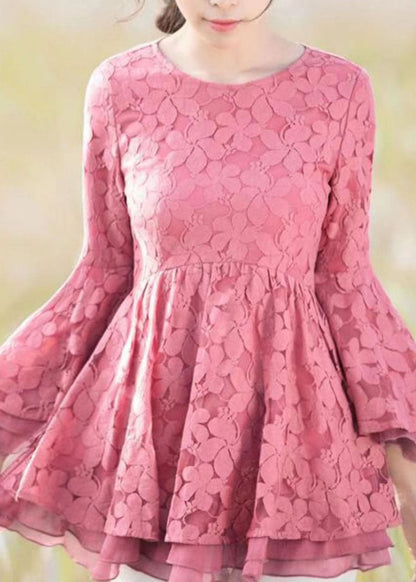 Pink Patchwork Embroideried Lace Shirts O Neck Spring LY2250 - fabuloryshop