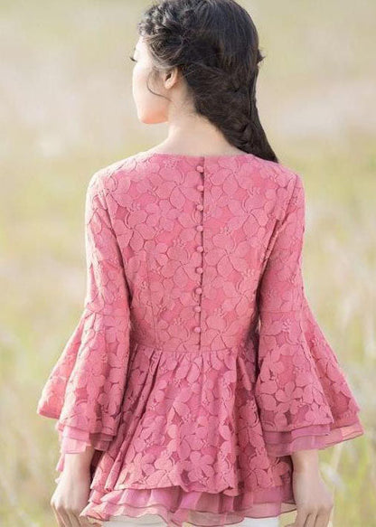 Pink Patchwork Embroideried Lace Shirts O Neck Spring LY2250 - fabuloryshop