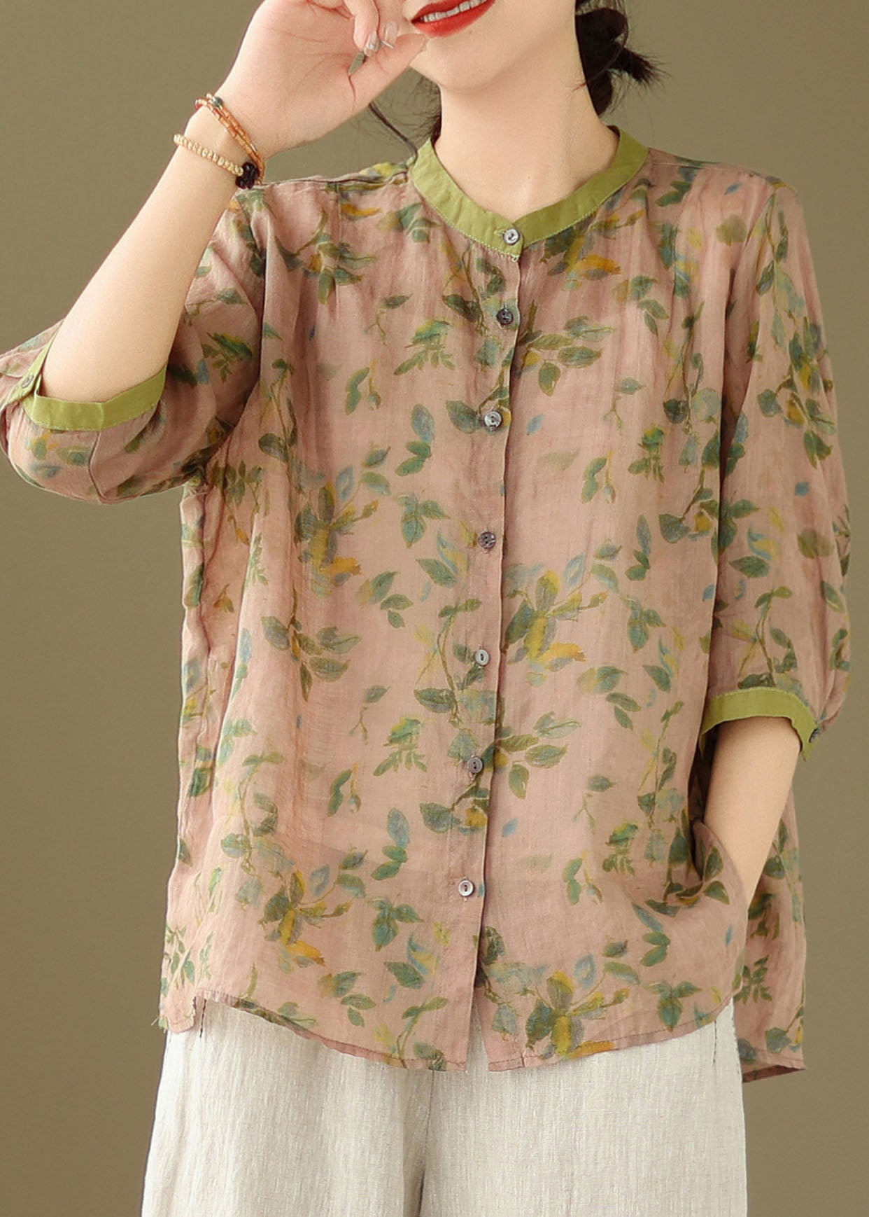 Pink Patchwork Linen Blouse Tops Stand Collar Button Summer LY3968 - fabuloryshop