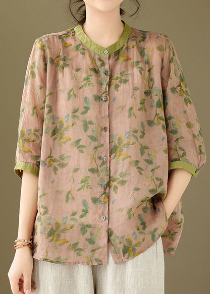 Pink Patchwork Linen Blouse Tops Stand Collar Button Summer LY3968 - fabuloryshop