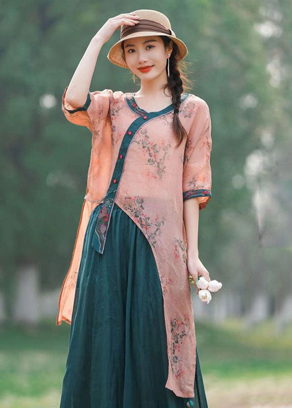 Pink Patchwork Linen Top Asymmetrical V Neck Button Summer LY2531 - fabuloryshop