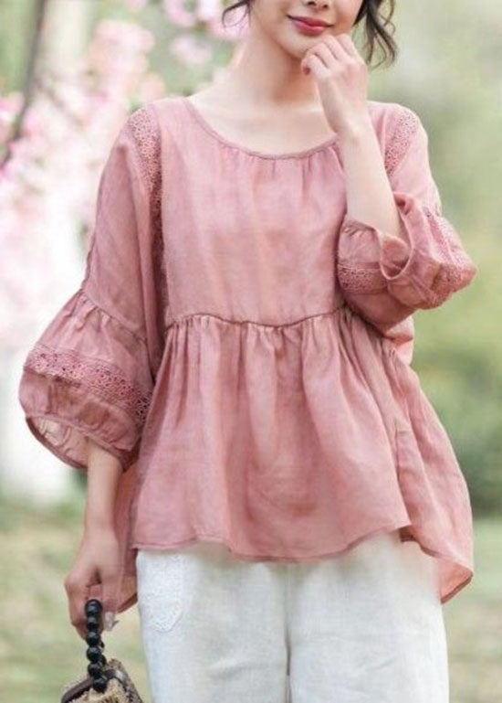 Pink Patchwork Linen Top Embroideried Hollow Out O Neck Summer LY4116 - fabuloryshop