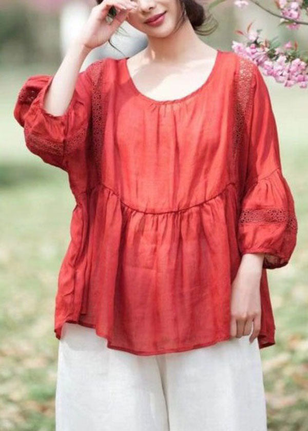 Pink Patchwork Linen Top Embroideried Hollow Out O Neck Summer LY4116 - fabuloryshop