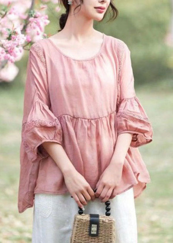 Pink Patchwork Linen Top Embroideried Hollow Out O Neck Summer LY4116 - fabuloryshop