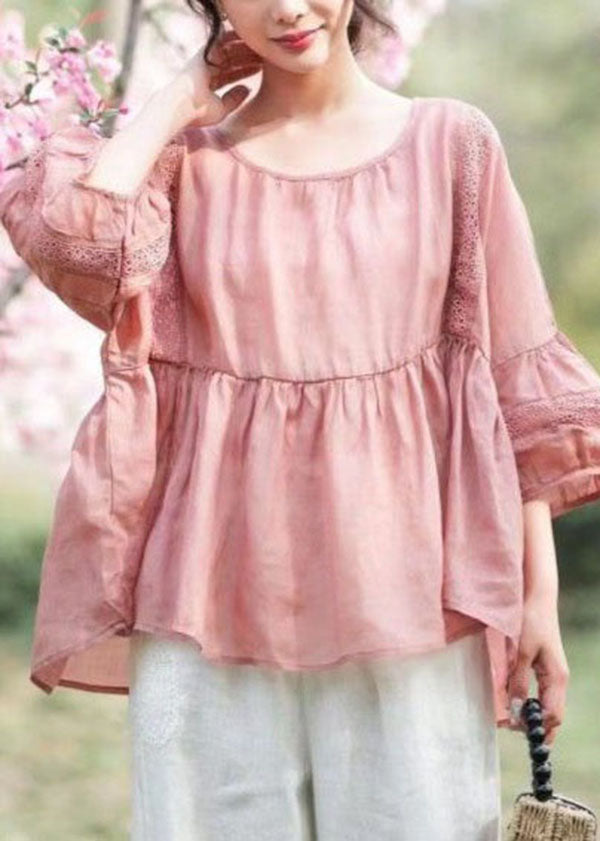 Pink Patchwork Linen Top Embroideried Hollow Out O Neck Summer LY4116 - fabuloryshop