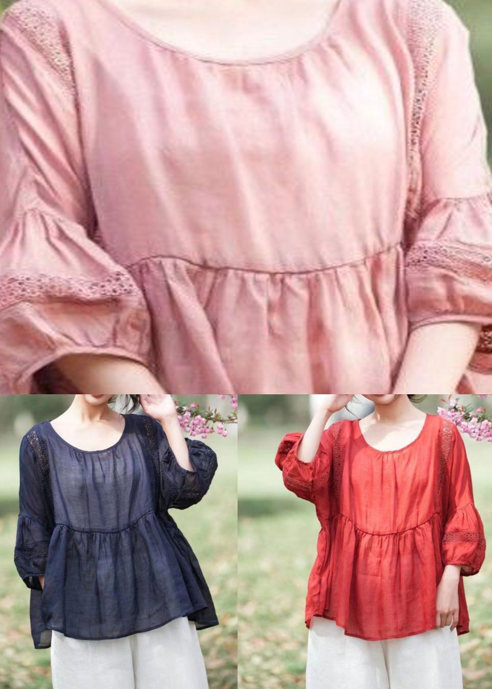 Pink Patchwork Linen Top Embroideried Hollow Out O Neck Summer LY4116 - fabuloryshop