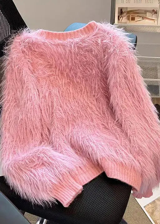 Pink Patchwork Mink Hair Knitted Cardigan V Neck Tasseled Fall Ada Fashion