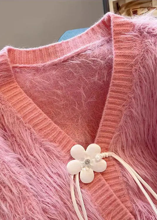 Pink Patchwork Mink Hair Knitted Cardigan V Neck Tasseled Fall Ada Fashion