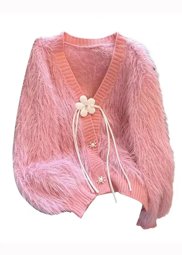 Pink Patchwork Mink Hair Knitted Cardigan V Neck Tasseled Fall Ada Fashion