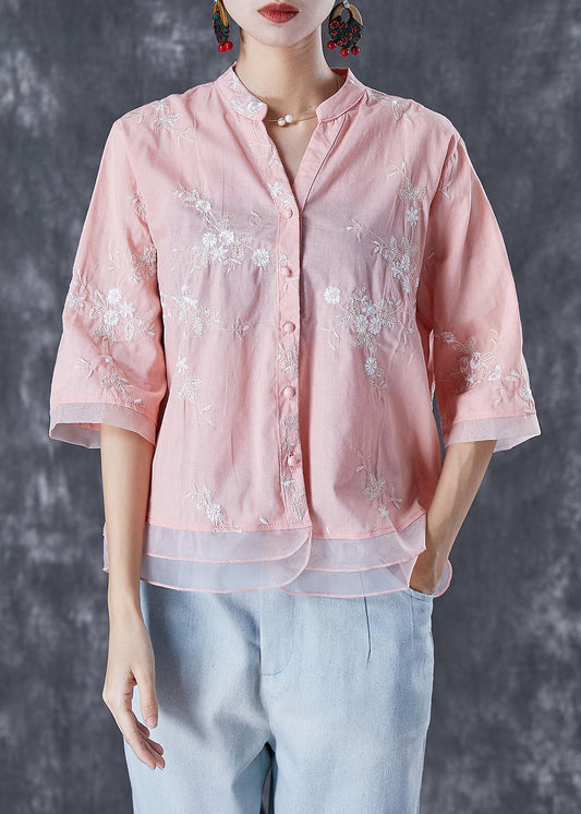 Pink Patchwork Organza Linen Shirts V Neck Embroideried Summer Ada Fashion