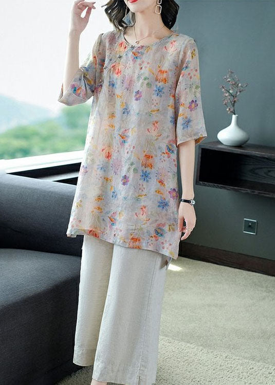 Pink Patchwork Tops And Pants Linen Two Pieces Set Button Summer TP1014 - fabuloryshop