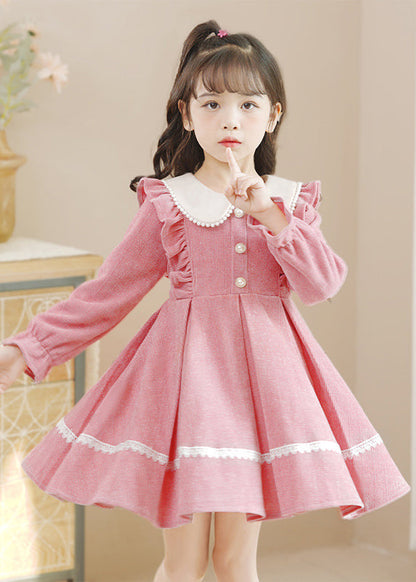 Pink Peter Pan Collar Ruffled Lace Patchwork Button Warm Fleece Kids Mid Dresses Long Sleeve Ada Fashion