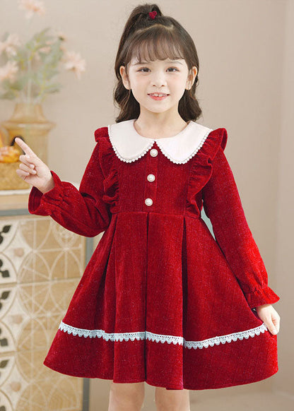 Pink Peter Pan Collar Ruffled Lace Patchwork Button Warm Fleece Kids Mid Dresses Long Sleeve Ada Fashion