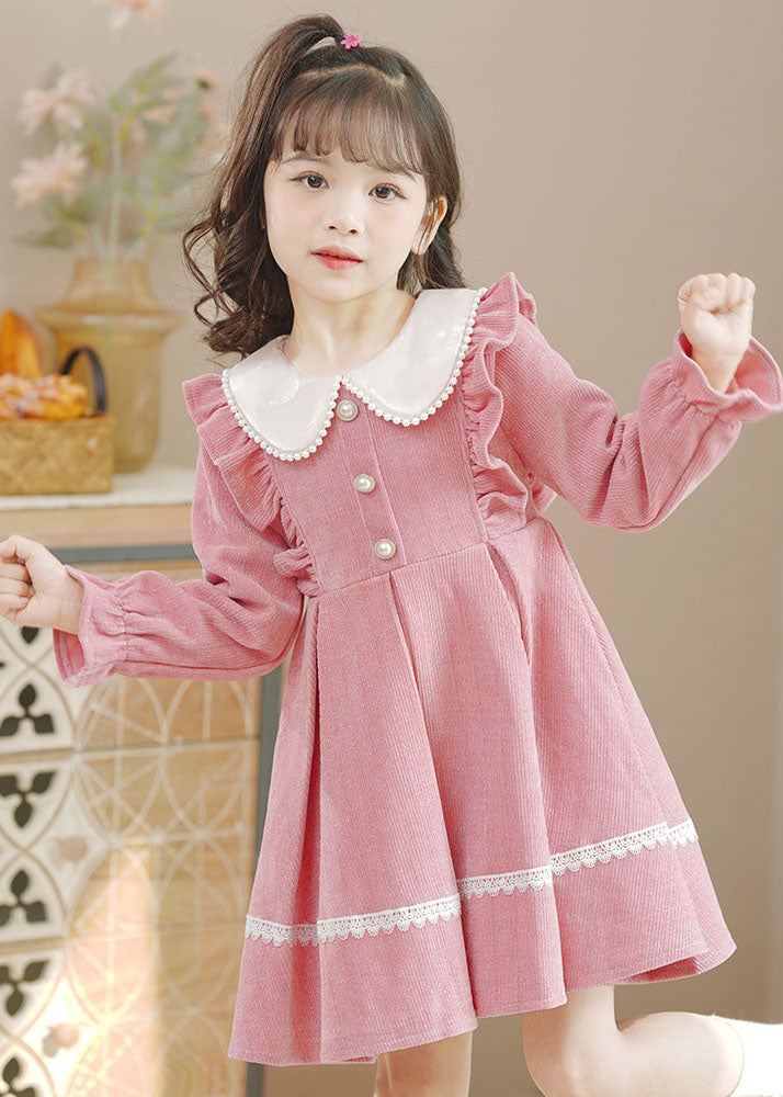 Pink Peter Pan Collar Ruffled Lace Patchwork Button Warm Fleece Kids Mid Dresses Long Sleeve Ada Fashion