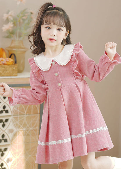 Pink Peter Pan Collar Ruffled Lace Patchwork Button Warm Fleece Kids Mid Dresses Long Sleeve Ada Fashion