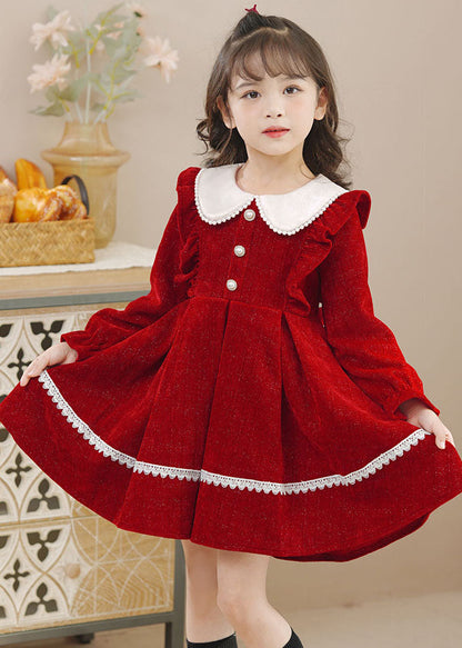 Pink Peter Pan Collar Ruffled Lace Patchwork Button Warm Fleece Kids Mid Dresses Long Sleeve Ada Fashion