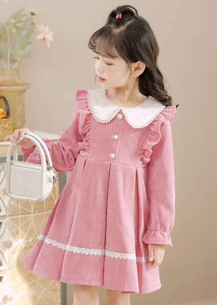 Pink Peter Pan Collar Ruffled Lace Patchwork Button Warm Fleece Kids Mid Dresses Long Sleeve Ada Fashion