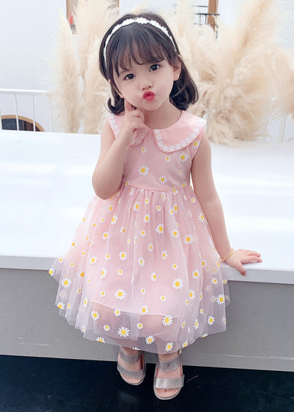 Pink Peter Pan Collar Tulle Girls Maxi Dress Summer Ada Fashion