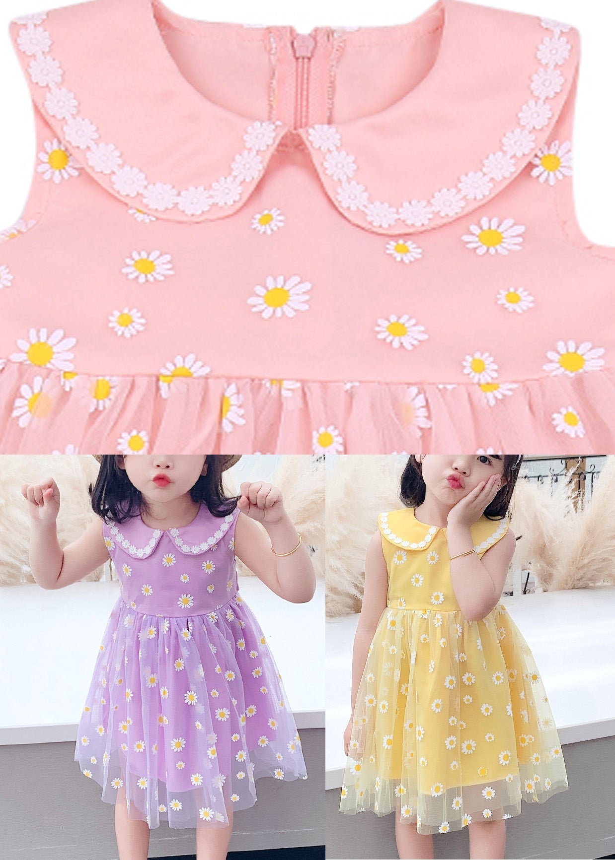 Pink Peter Pan Collar Tulle Girls Maxi Dress Summer Ada Fashion