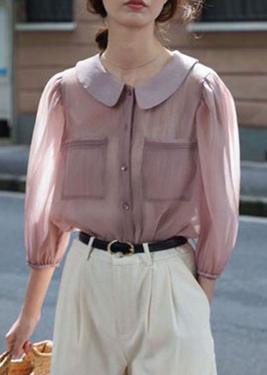 Pink Pockets Patchwork Chiffon Shirt Peter Pan Collar Spring LY4554 - fabuloryshop