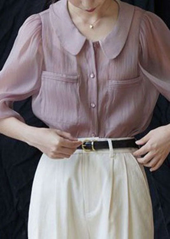 Pink Pockets Patchwork Chiffon Shirt Peter Pan Collar Spring LY4554 - fabuloryshop