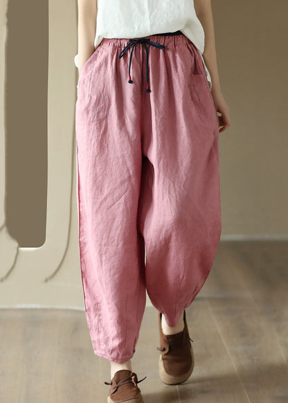 Pink Pockets Patchwork Drawstring Linen Harem Pants Summer LY4992 - fabuloryshop