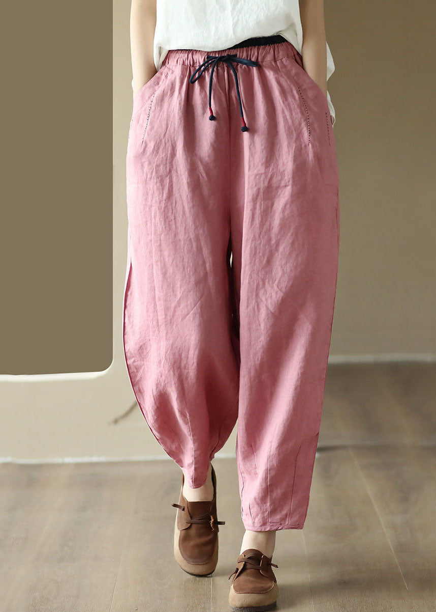 Pink Pockets Patchwork Drawstring Linen Harem Pants Summer LY4992 - fabuloryshop