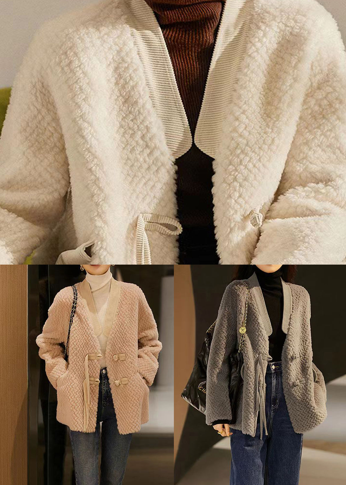 Pink Pockets Patchwork Wool Jackets Tasseled Button Winter LY9617 Ada Fashion