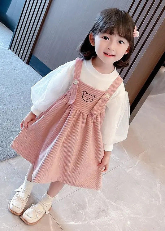 Pink Print Button Corduroy Girls Slip Dress And Top Two Pieces Set Sleeveless Ada Fashion