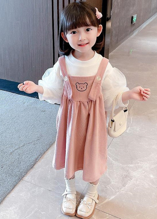 Pink Print Button Corduroy Girls Slip Dress And Top Two Pieces Set Sleeveless Ada Fashion
