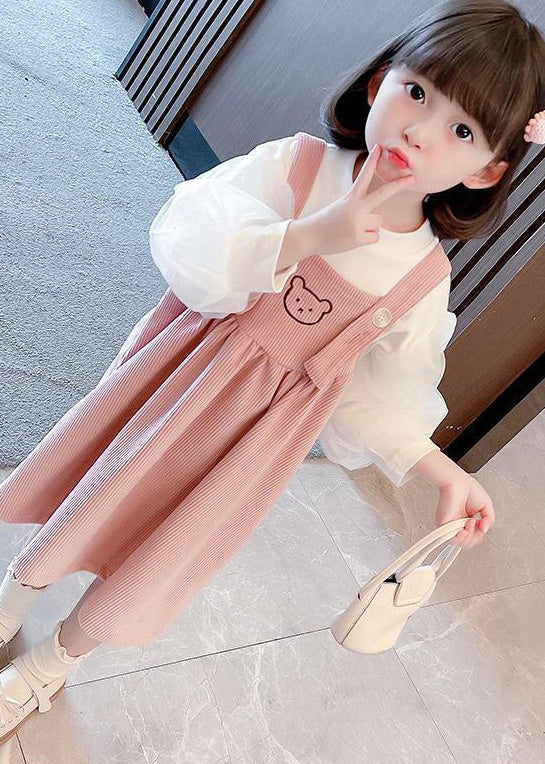 Pink Print Button Corduroy Girls Slip Dress And Top Two Pieces Set Sleeveless Ada Fashion
