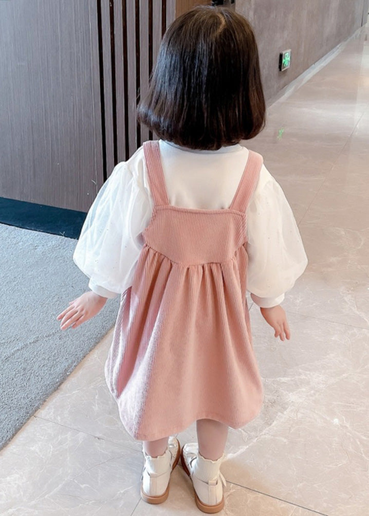 Pink Print Button Corduroy Girls Slip Dress And Top Two Pieces Set Sleeveless Ada Fashion