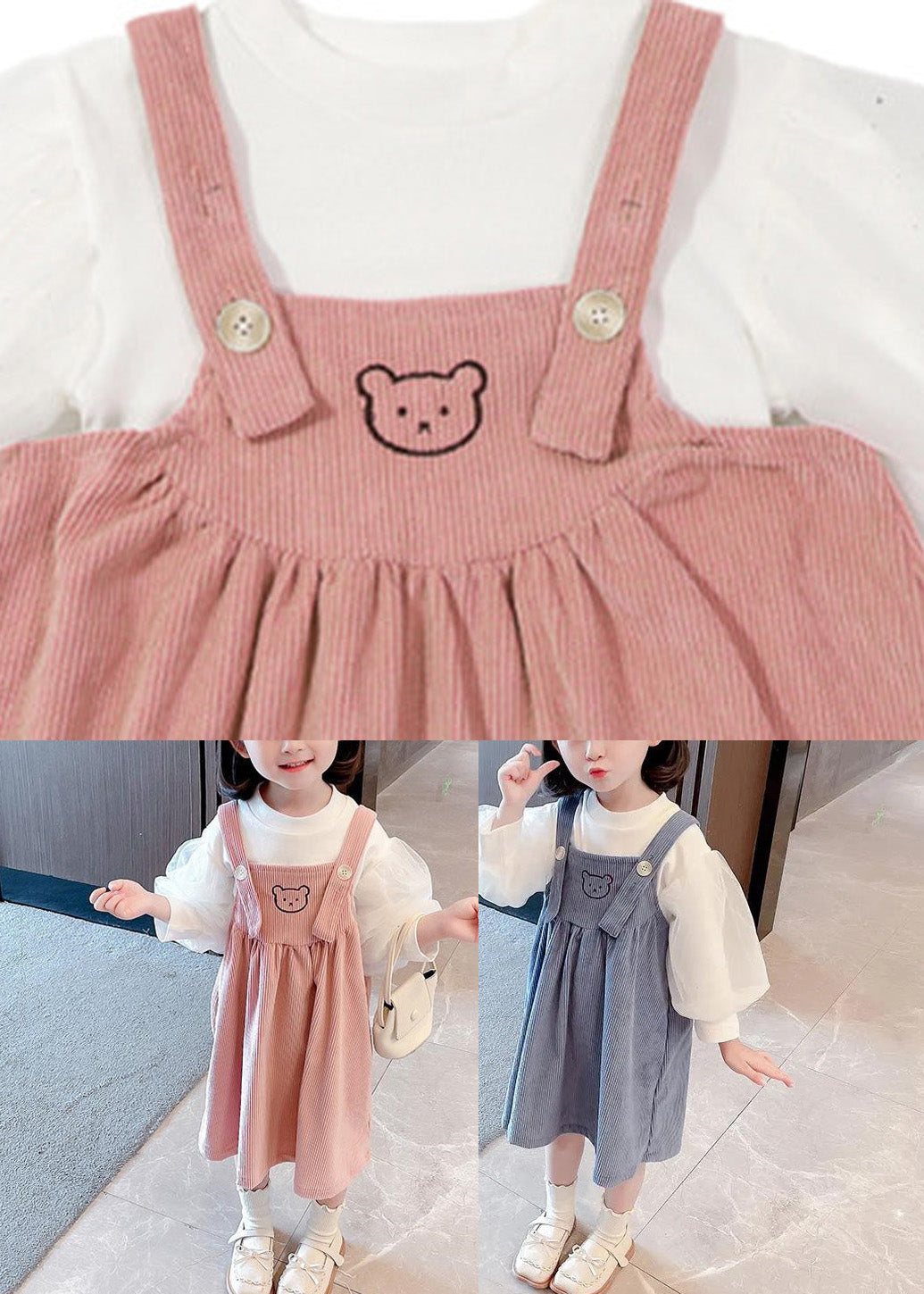 Pink Print Button Corduroy Girls Slip Dress And Top Two Pieces Set Sleeveless Ada Fashion