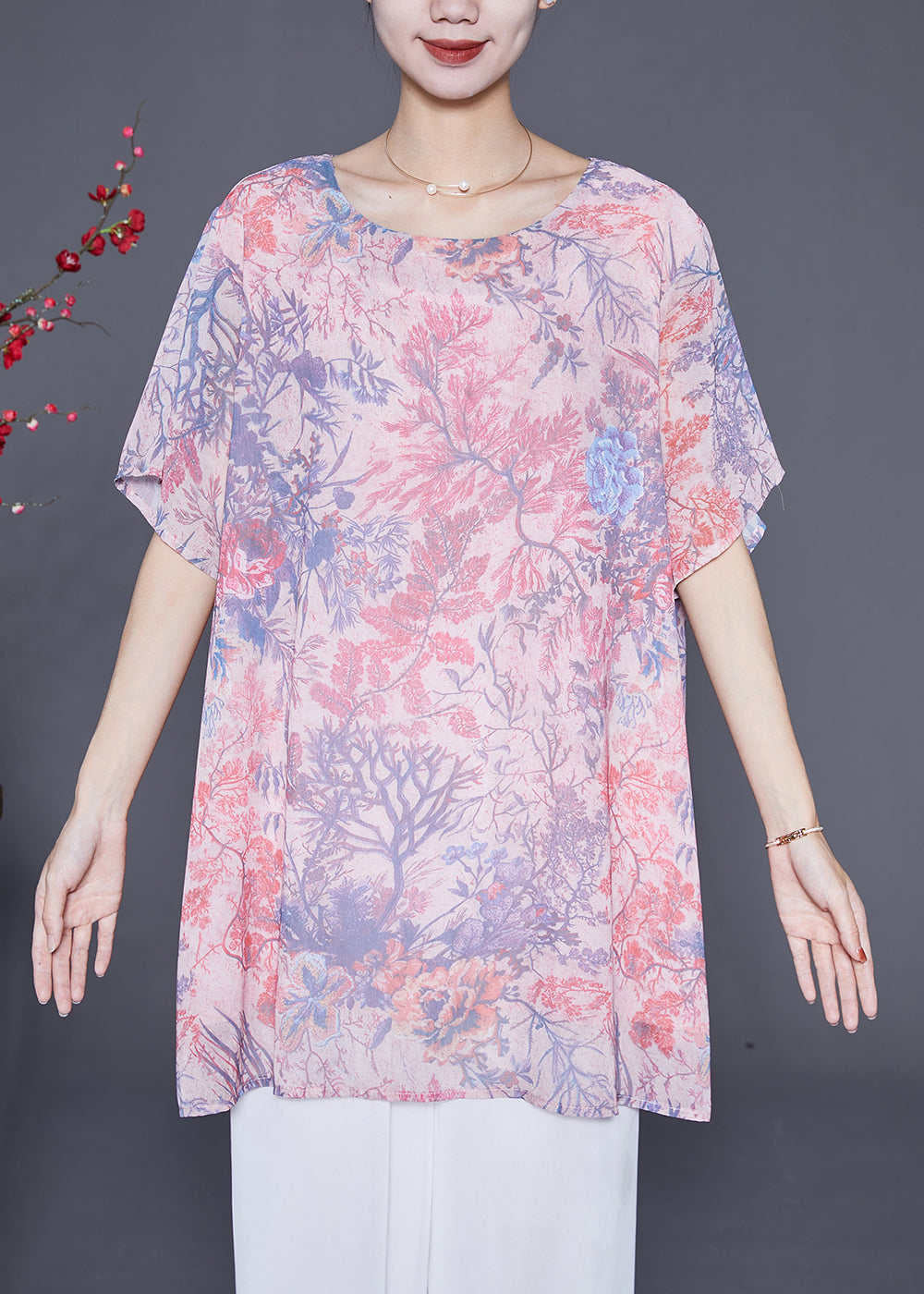 Pink Print Chiffon Blouse Top Oversized Draping Summer Ada Fashion